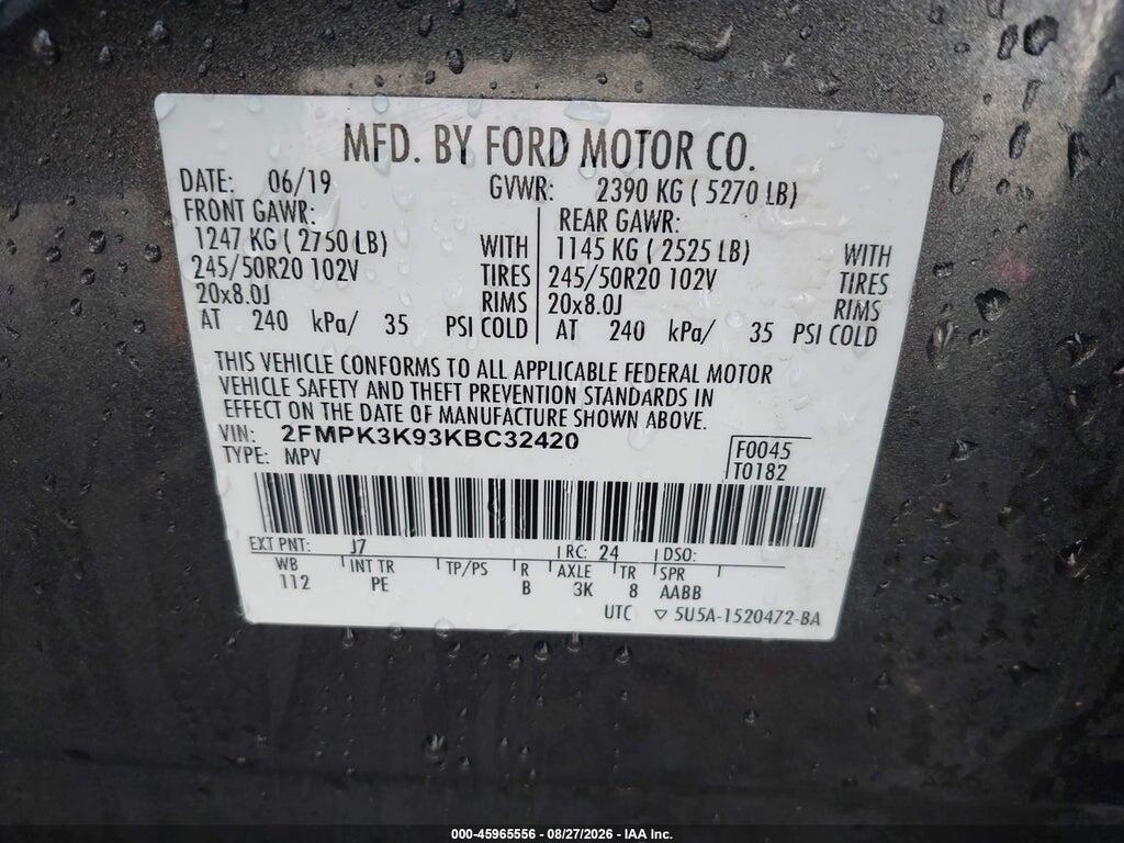 2FMPK3K93KBC32420 2019 FORD EDGE photo no. 9