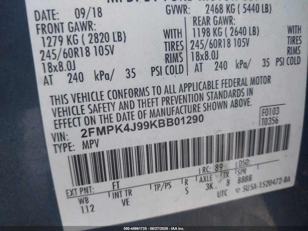 2FMPK4J99KBB01290 2019 FORD EDGE photo no. 9