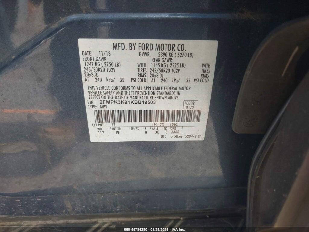 2FMPK3K91KBB19503 2019 FORD EDGE photo no. 9