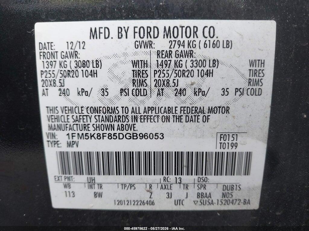 1FM5K8F85DGB96053 2013 FORD EXPLORER photo no. 9