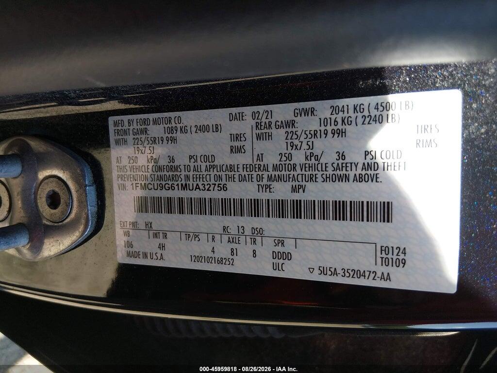1FMCU9G61MUA32756 2021 FORD ESCAPE photo no. 9