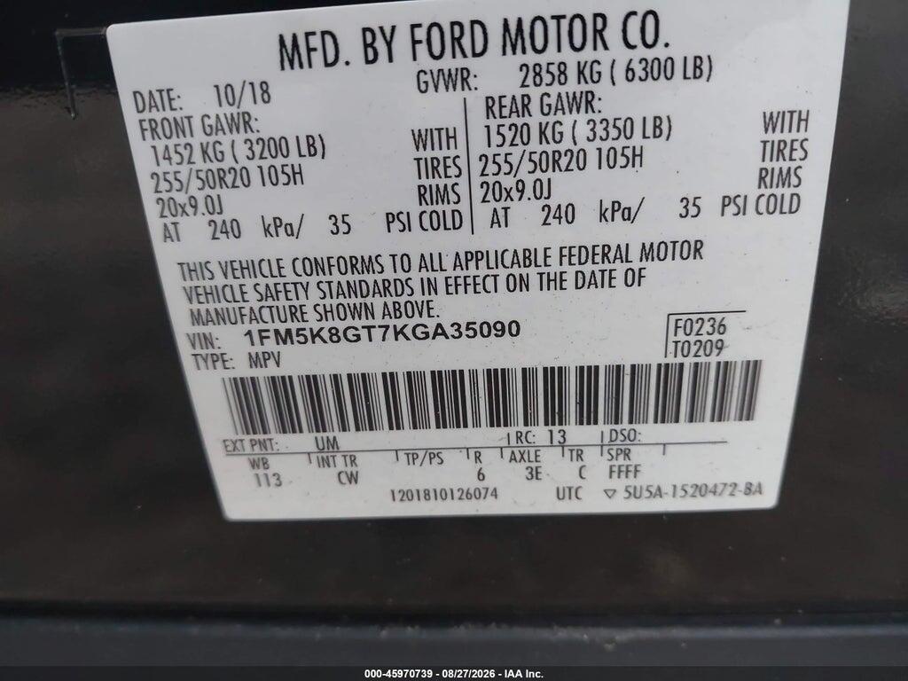 1FM5K8GT7KGA35090 2019 FORD EXPLORER photo no. 9