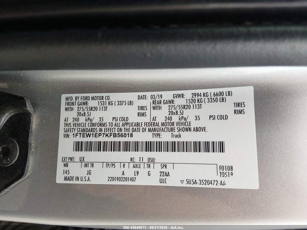 1FTEW1EP7KFB56018 2019 FORD F-150 photo no. 9