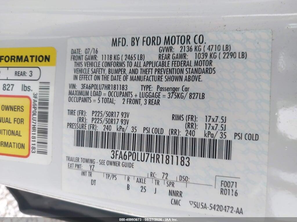 3FA6P0LU7HR181183 2017 FORD FUSION photo no. 9