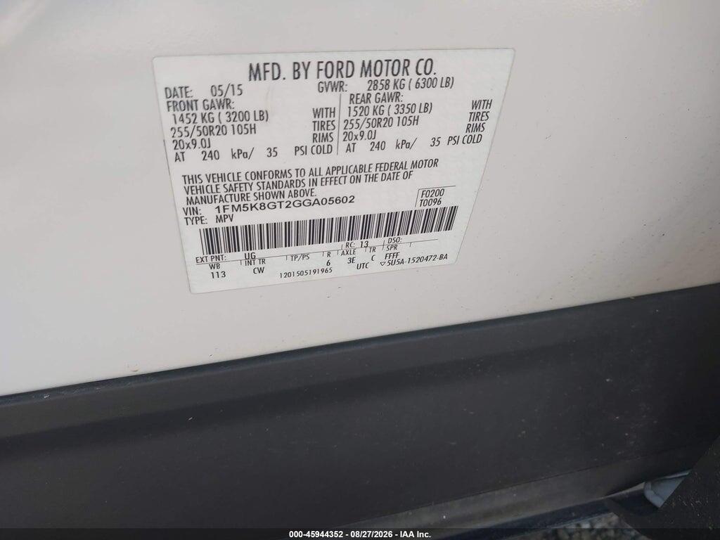 1FM5K8GT2GGA05602 2016 FORD EXPLORER photo no. 9