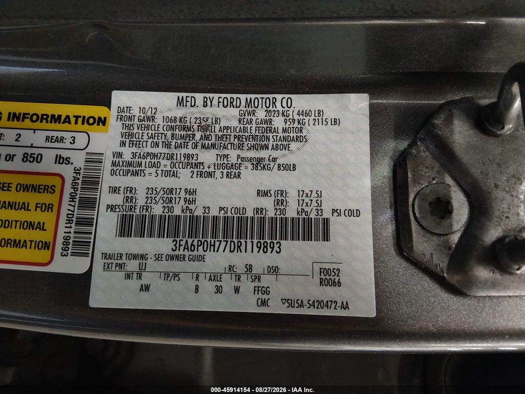 3FA6P0H77DR119893 2013 FORD FUSION photo no. 9