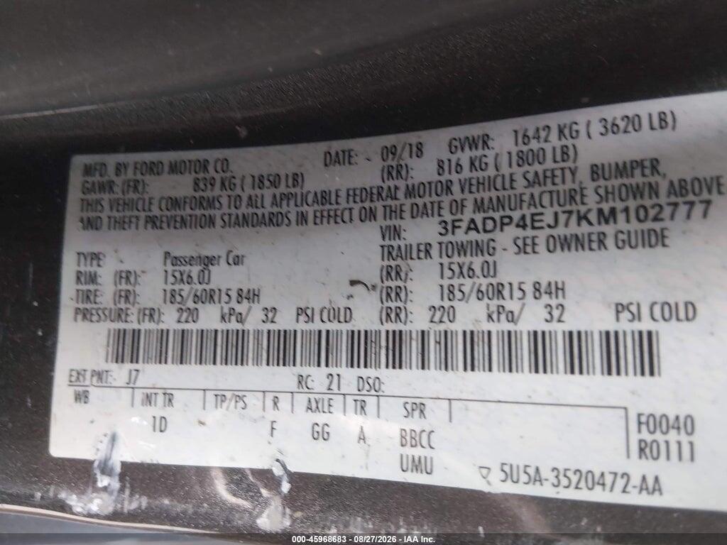 3FADP4EJ7KM102777 2019 FORD FIESTA photo no. 9