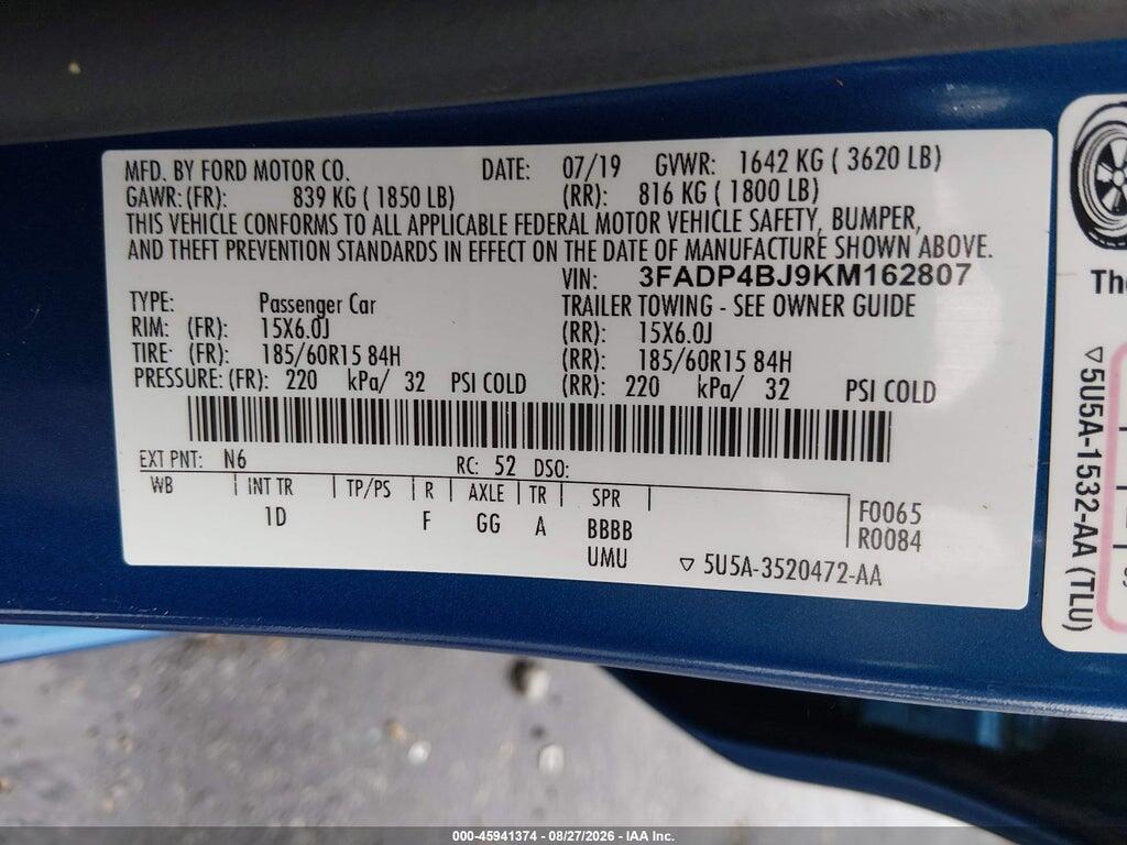 3FADP4BJ9KM162807 2019 FORD FIESTA photo no. 9