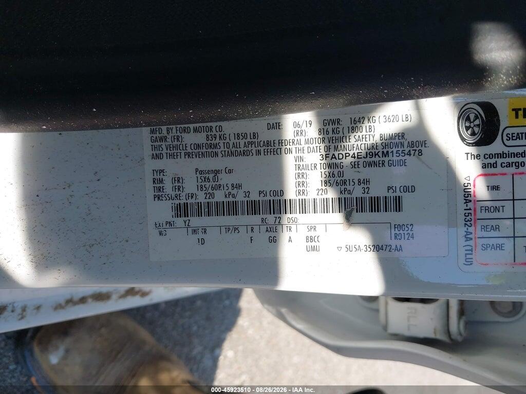 3FADP4EJ9KM155478 2019 FORD FIESTA photo no. 9