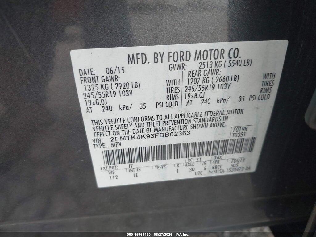 2FMTK4K93FBB62363 2015 FORD EDGE photo no. 9