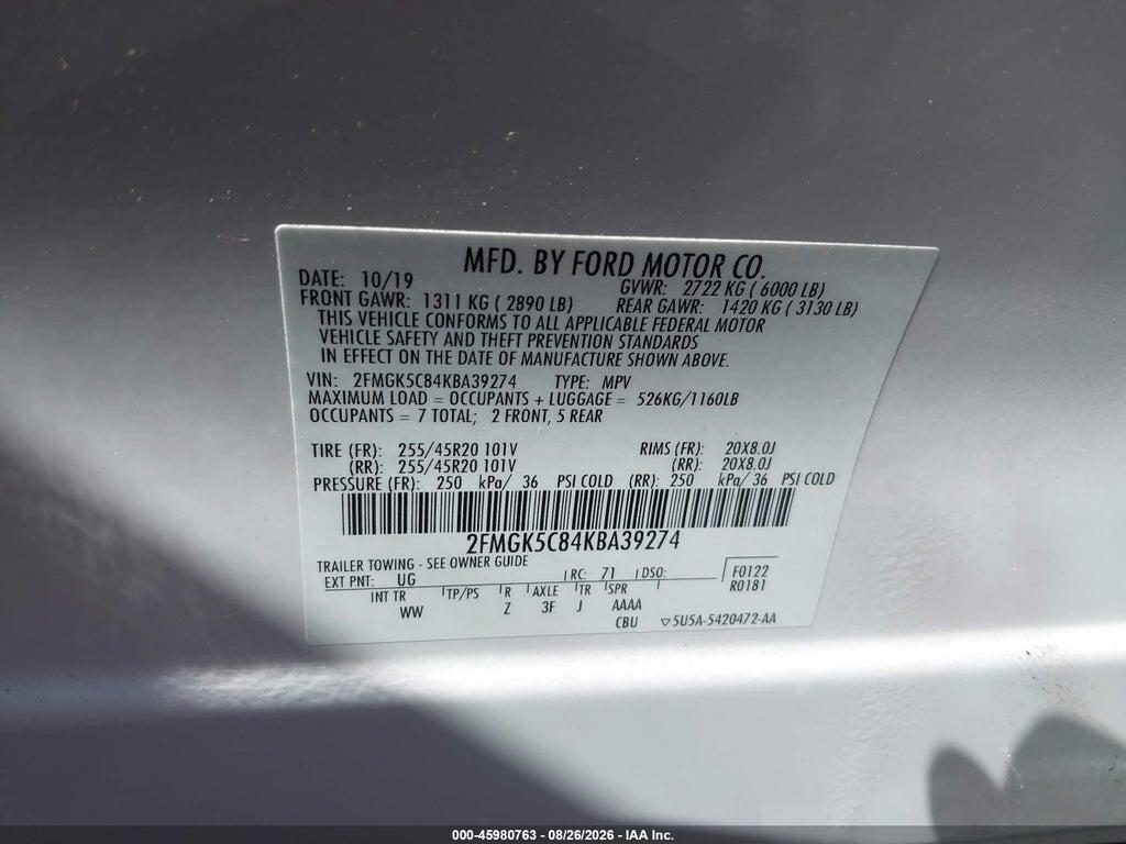 2FMGK5C84KBA39274 2019 FORD FLEX photo no. 9