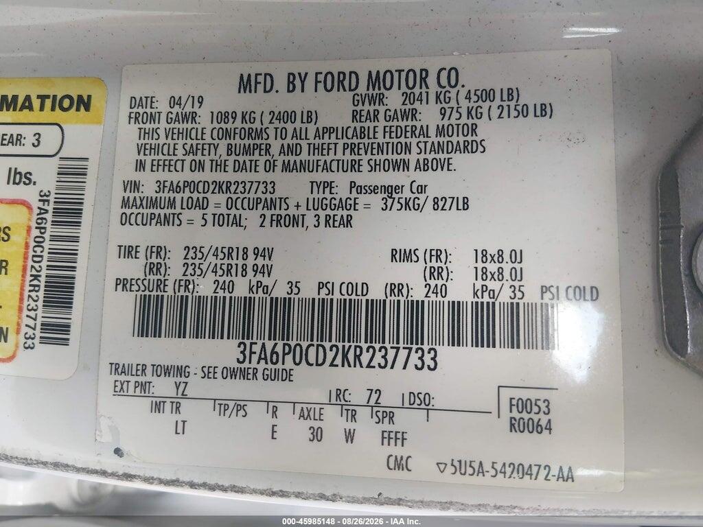 3FA6P0CD2KR237733 2019 FORD FUSION photo no. 9