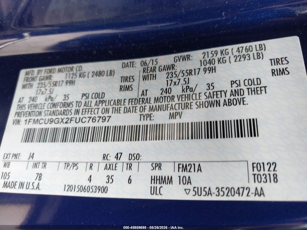 1FMCU9GX2FUC76797 2015 FORD ESCAPE photo no. 9