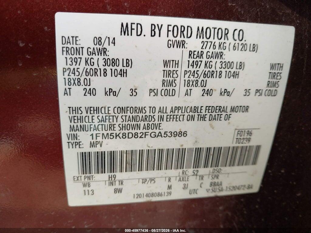 1FM5K8D82FGA53986 2015 FORD EXPLORER photo no. 9
