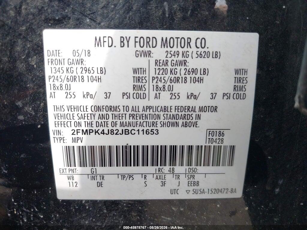 2FMPK4J82JBC11653 2018 FORD EDGE photo no. 9