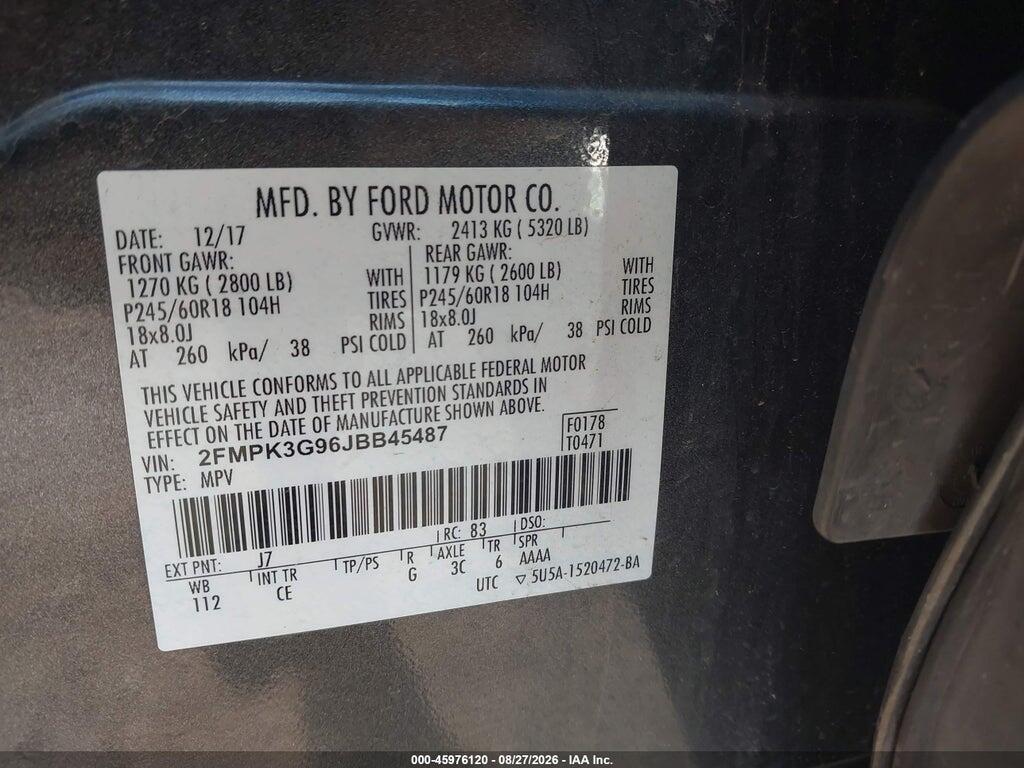 2FMPK3G96JBB45487 2018 FORD EDGE photo no. 9