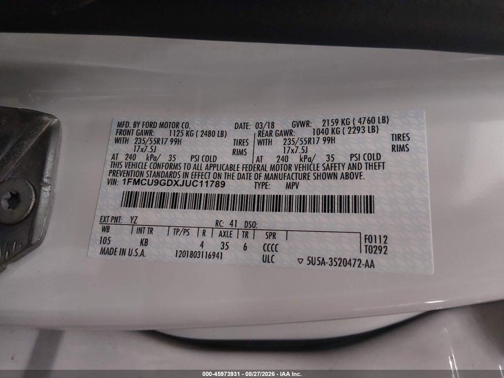 1FMCU9GDXJUC11789 2018 FORD ESCAPE photo no. 9