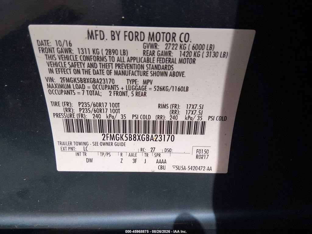 2FMGK5B8XGBA23170 2016 FORD FLEX photo no. 9
