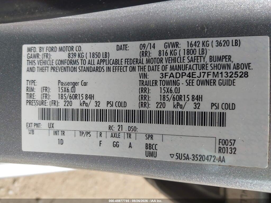3FADP4EJ7FM132528 2015 FORD FIESTA photo no. 9