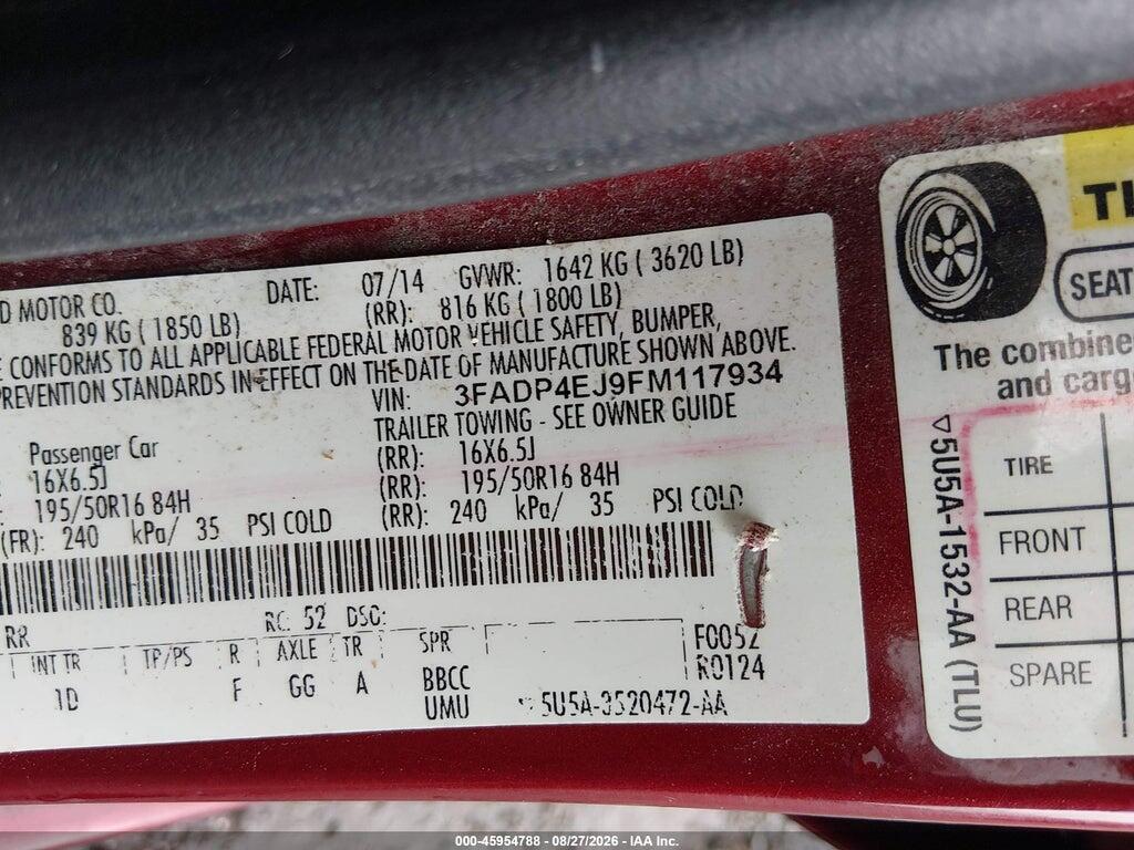 3FADP4EJ9FM117934 2015 FORD FIESTA photo no. 9