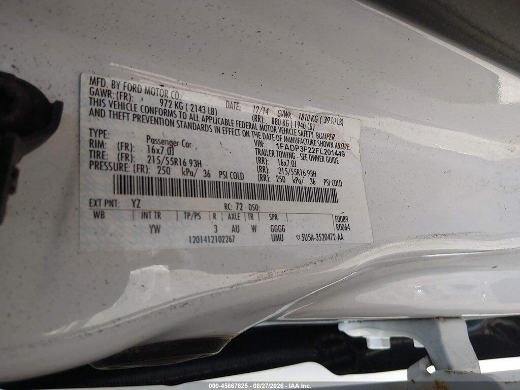 1FADP3F22FL201449 2015 FORD FOCUS photo no. 9