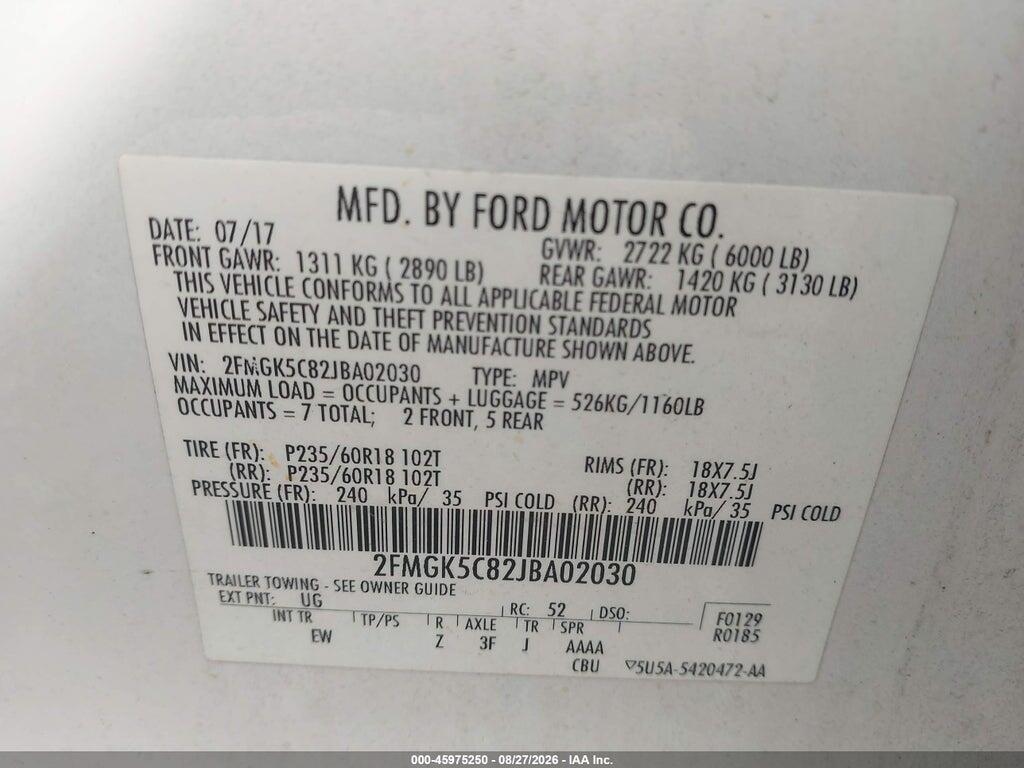2FMGK5C82JBA02030 2018 FORD FLEX photo no. 9
