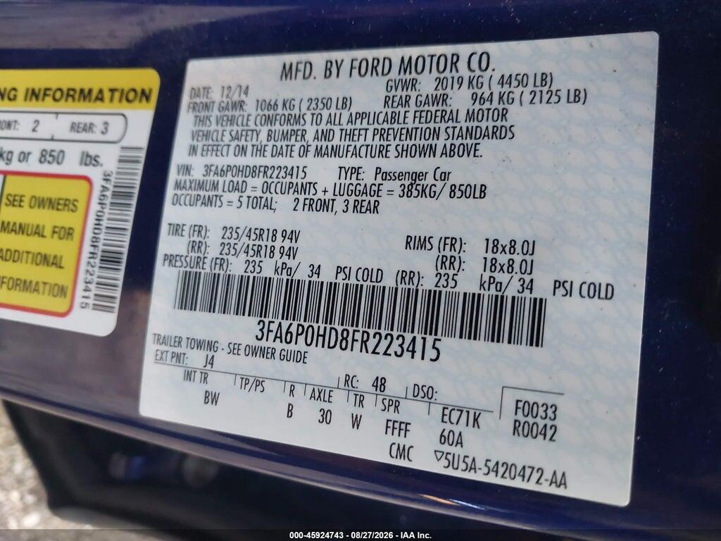 3FA6P0HD8FR223415 2015 FORD FUSION photo no. 9