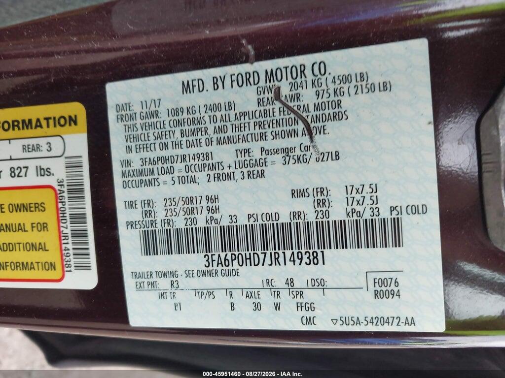 3FA6P0HD7JR149381 2018 FORD FUSION photo no. 9