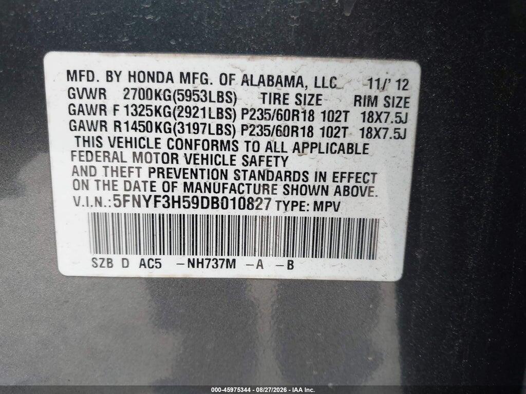 5FNYF3H59DB010827 2013 HONDA PILOT photo no. 9