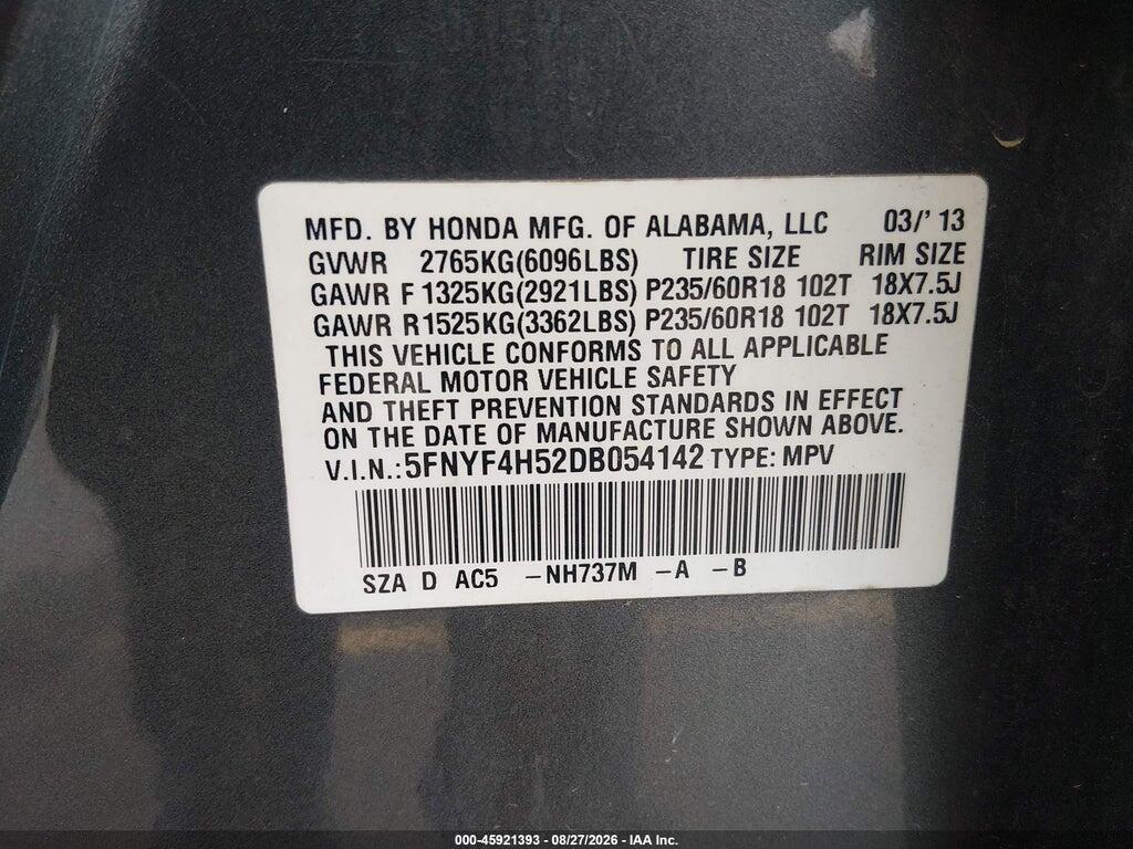 5FNYF4H52DB054142 2013 HONDA PILOT photo no. 9
