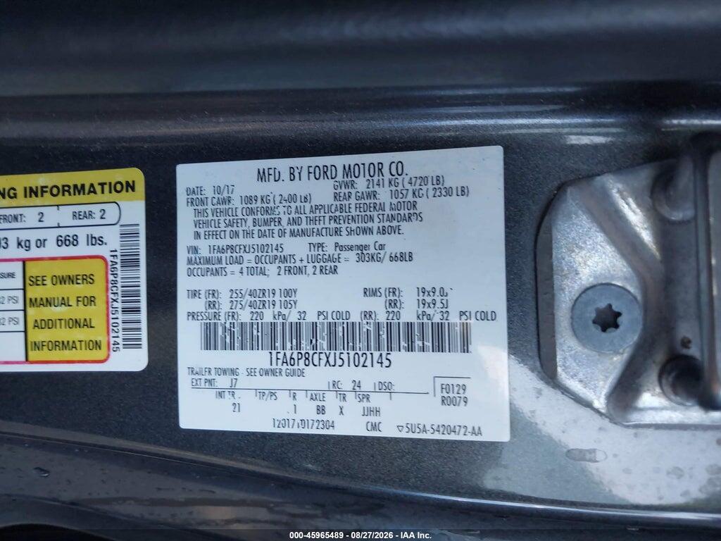 1FA6P8CFXJ5102145 2018 FORD MUSTANG photo no. 9