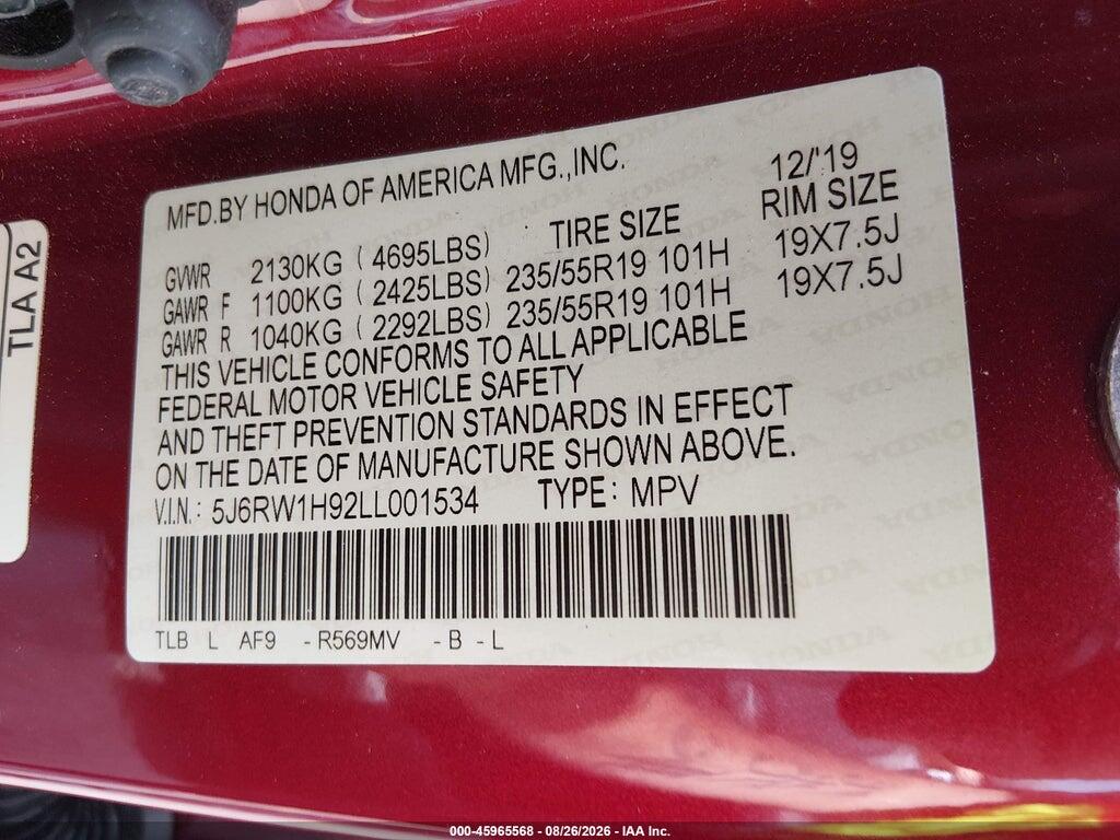 5J6RW1H92LL001534 2020 HONDA CR-V photo no. 9