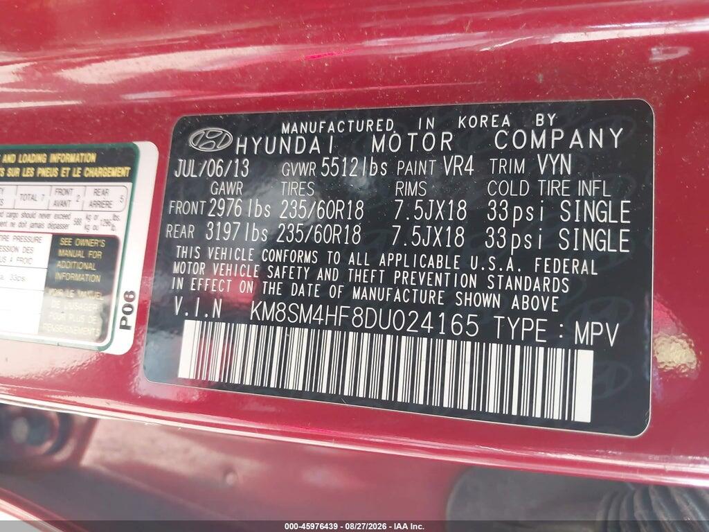 KM8SM4HF8DU024165 2013 HYUNDAI SANTA FE photo no. 9