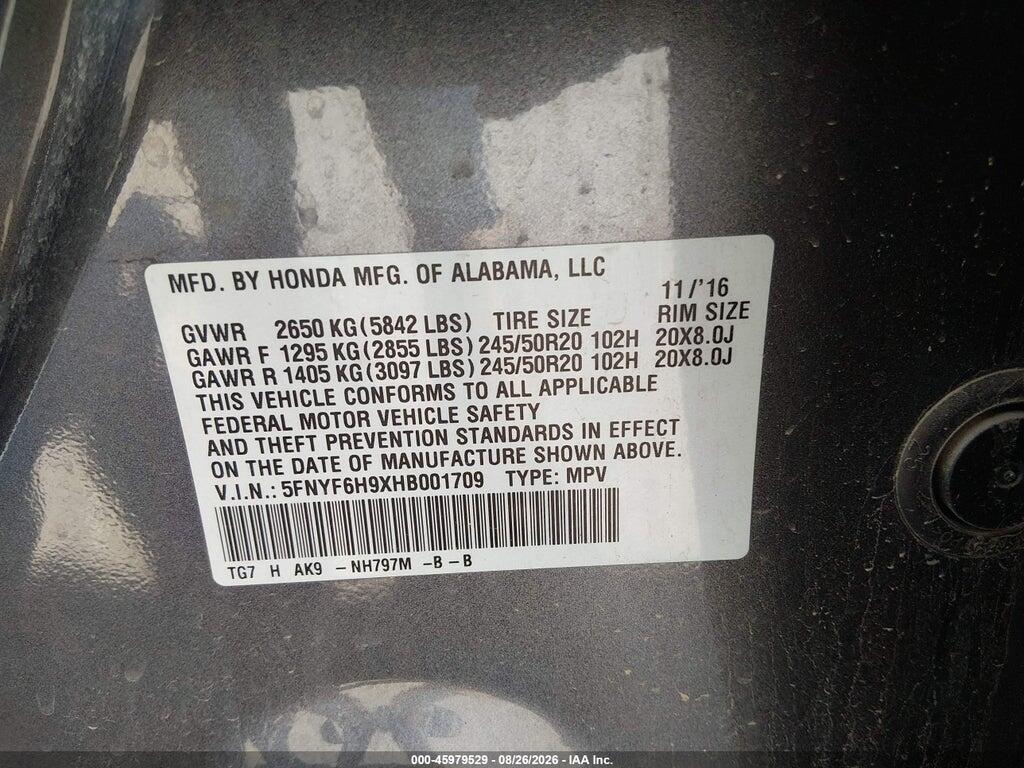 5FNYF6H9XHB001709 2017 HONDA PILOT photo no. 9