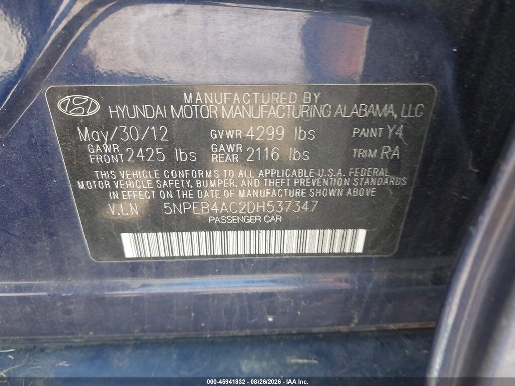 5NPEB4AC2DH537347 2013 HYUNDAI SONATA photo no. 9