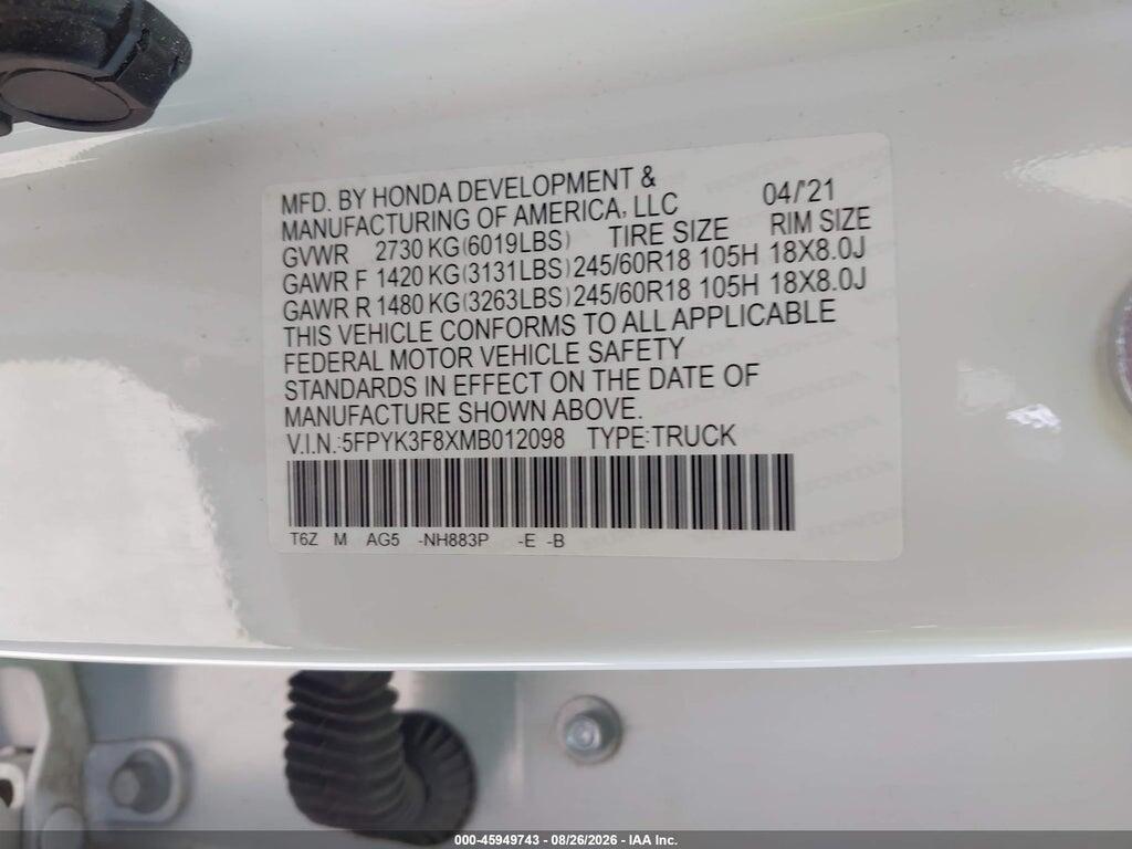 5FPYK3F8XMB012098 2021 HONDA RIDGELINE photo no. 9