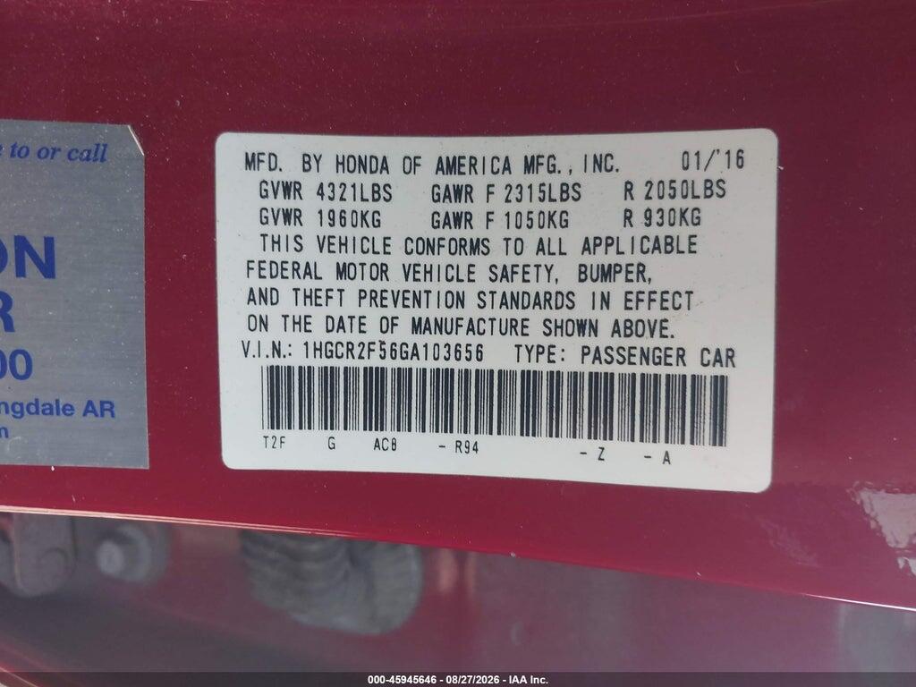 1HGCR2F56GA103656 2016 HONDA ACCORD photo no. 9