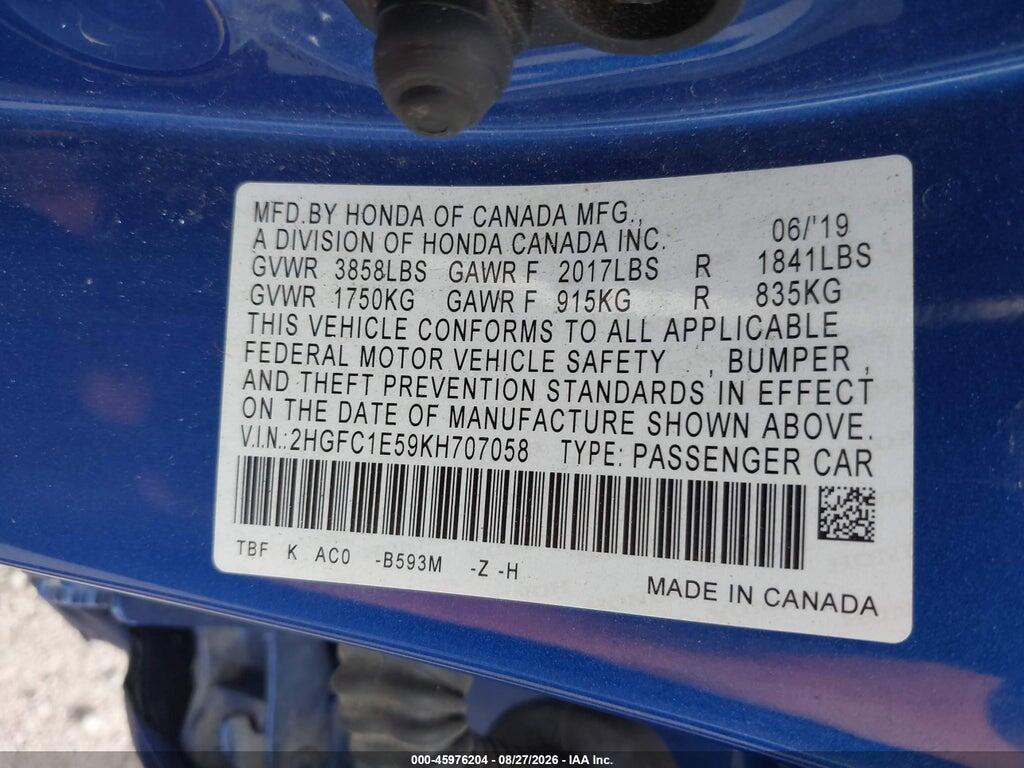 2HGFC1E59KH707058 2019 HONDA CIVIC SI photo no. 9