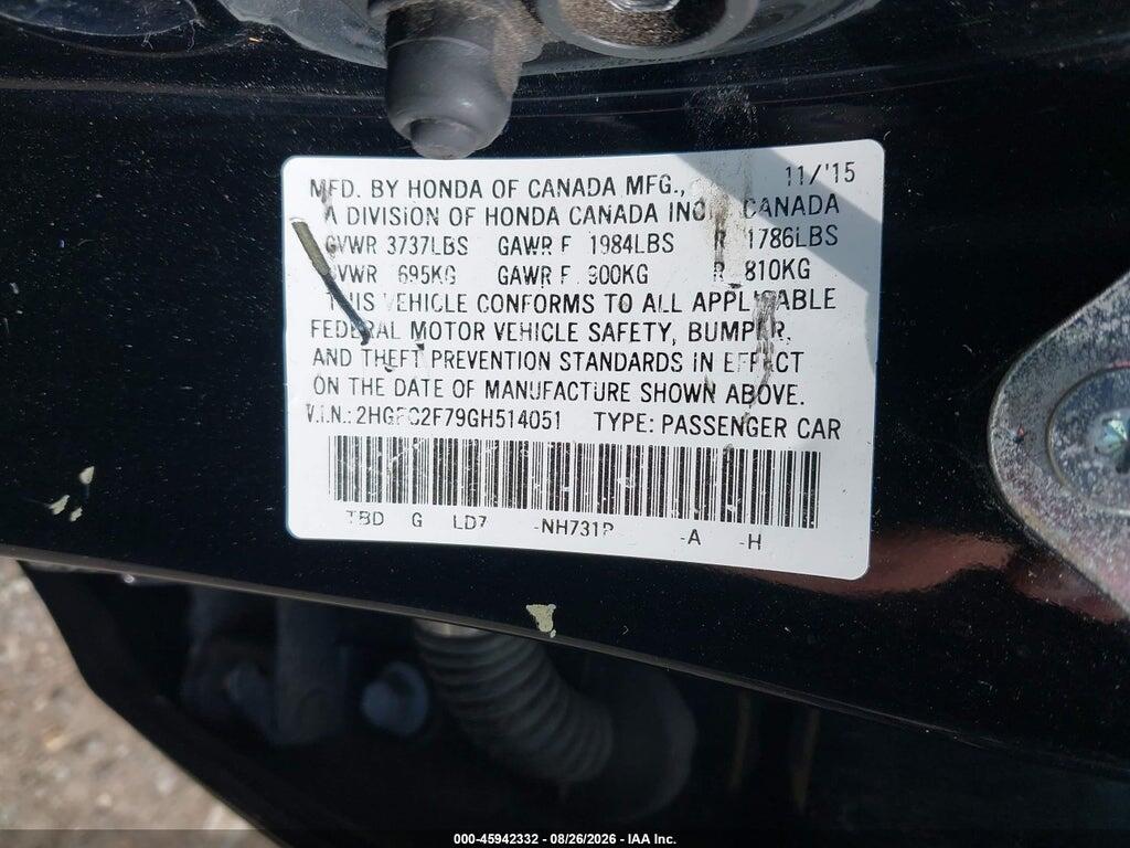 2HGFC2F79GH514051 2016 HONDA CIVIC photo no. 9