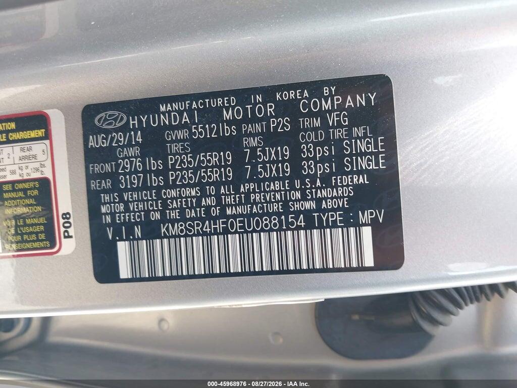 KM8SR4HF0EU088154 2014 HYUNDAI SANTA FE photo no. 9