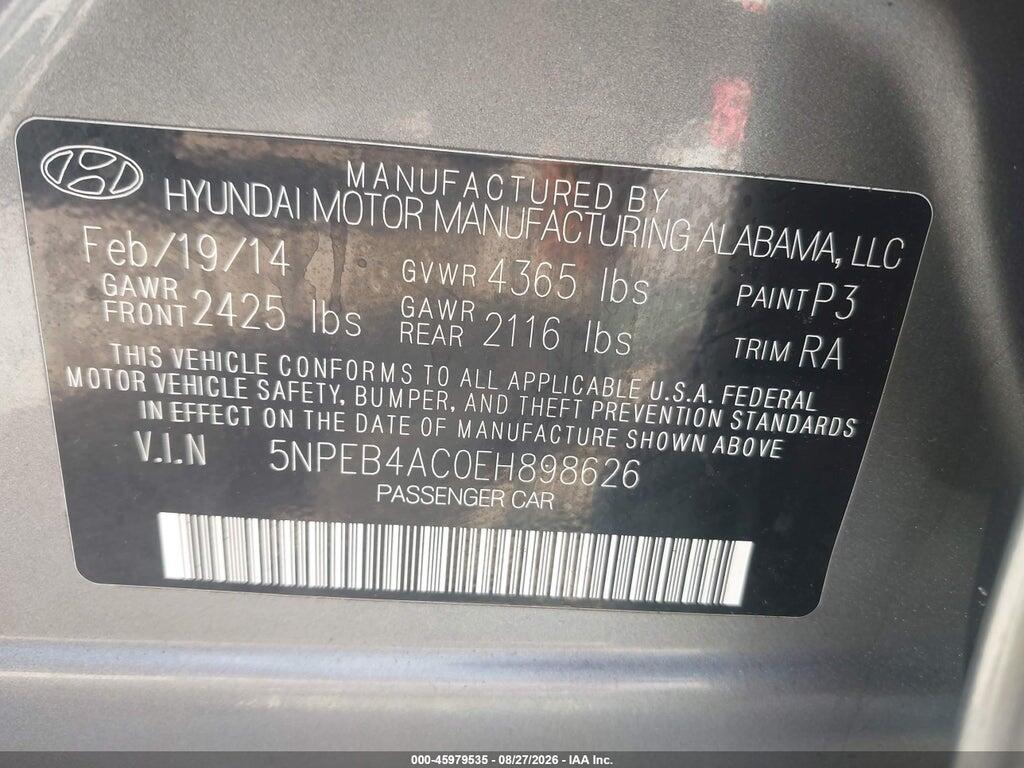5NPEB4AC0EH898626 2014 HYUNDAI SONATA photo no. 9