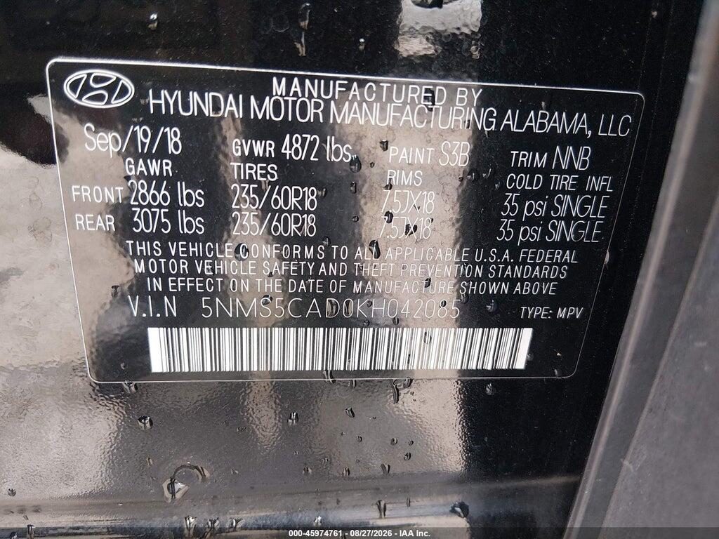 5NMS5CAD0KH042085 2019 HYUNDAI SANTA FE photo no. 9