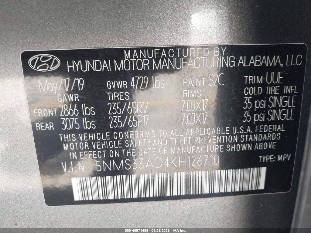 5NMS33AD4KH126710 2019 HYUNDAI SANTA FE photo no. 9