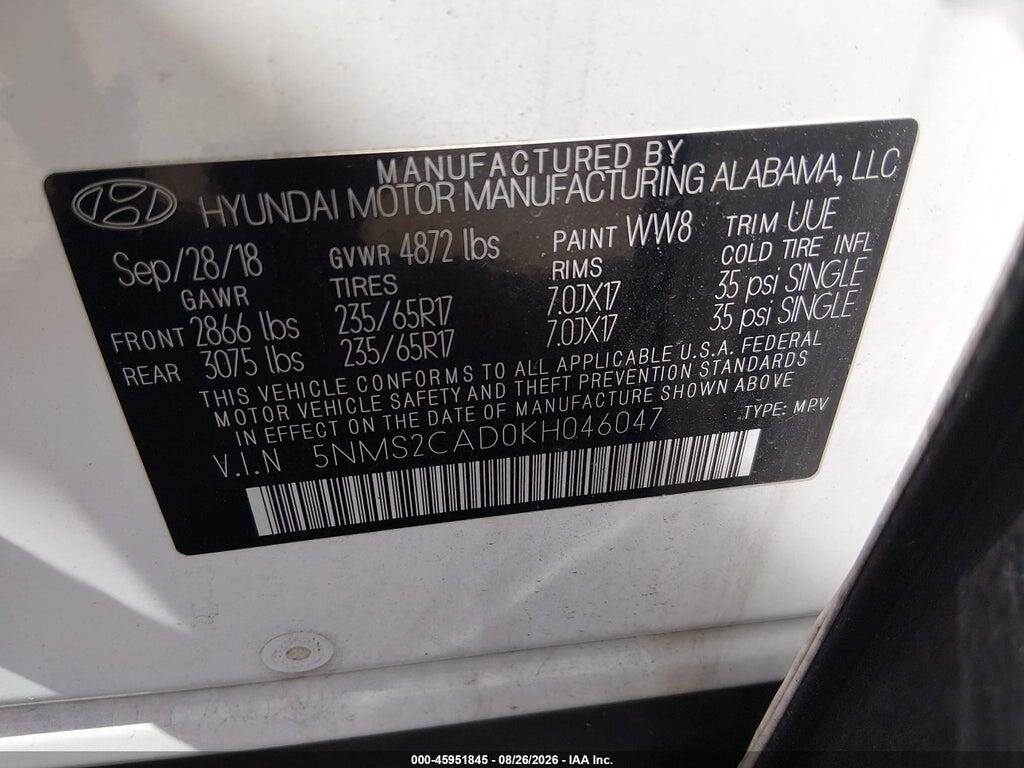 5NMS2CAD0KH046047 2019 HYUNDAI SANTA FE photo no. 9