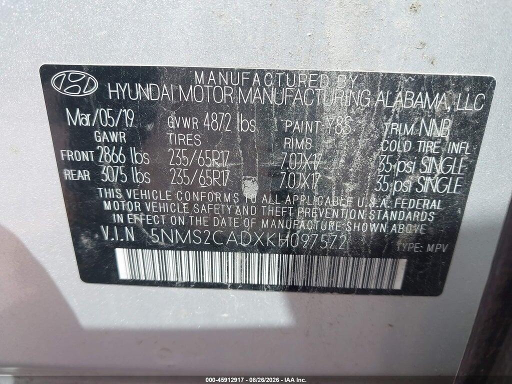 5NMS2CADXKH097572 2019 HYUNDAI SANTA FE photo no. 9