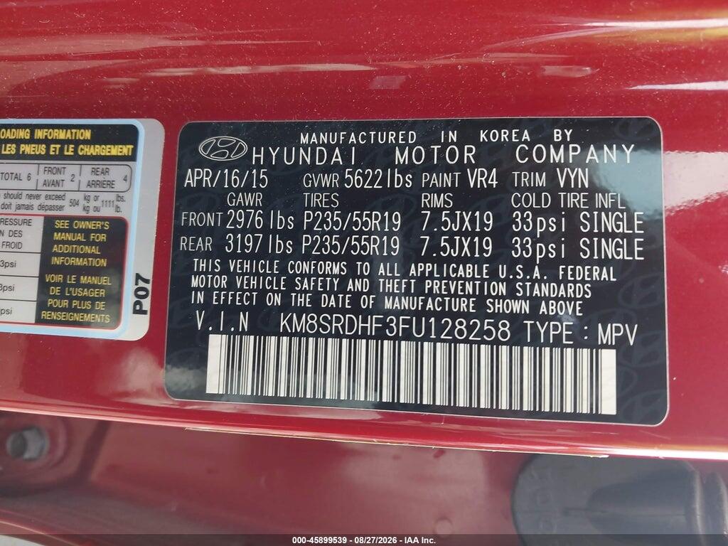 KM8SRDHF3FU128258 2015 HYUNDAI SANTA FE photo no. 9