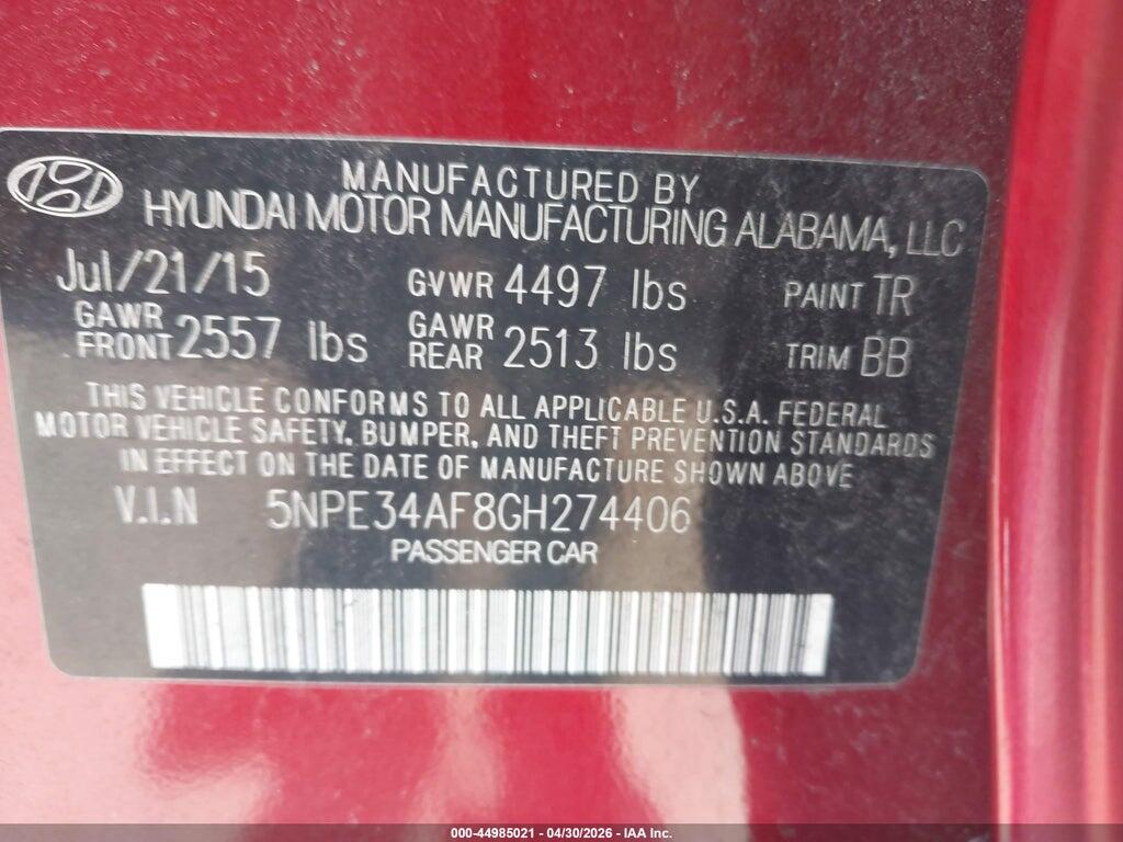 5NPE34AF8GH274406 2016 HYUNDAI SONATA photo no. 9