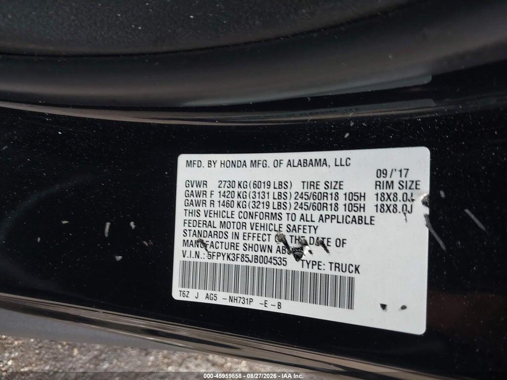5FPYK3F85JB004535 2018 HONDA RIDGELINE photo no. 9