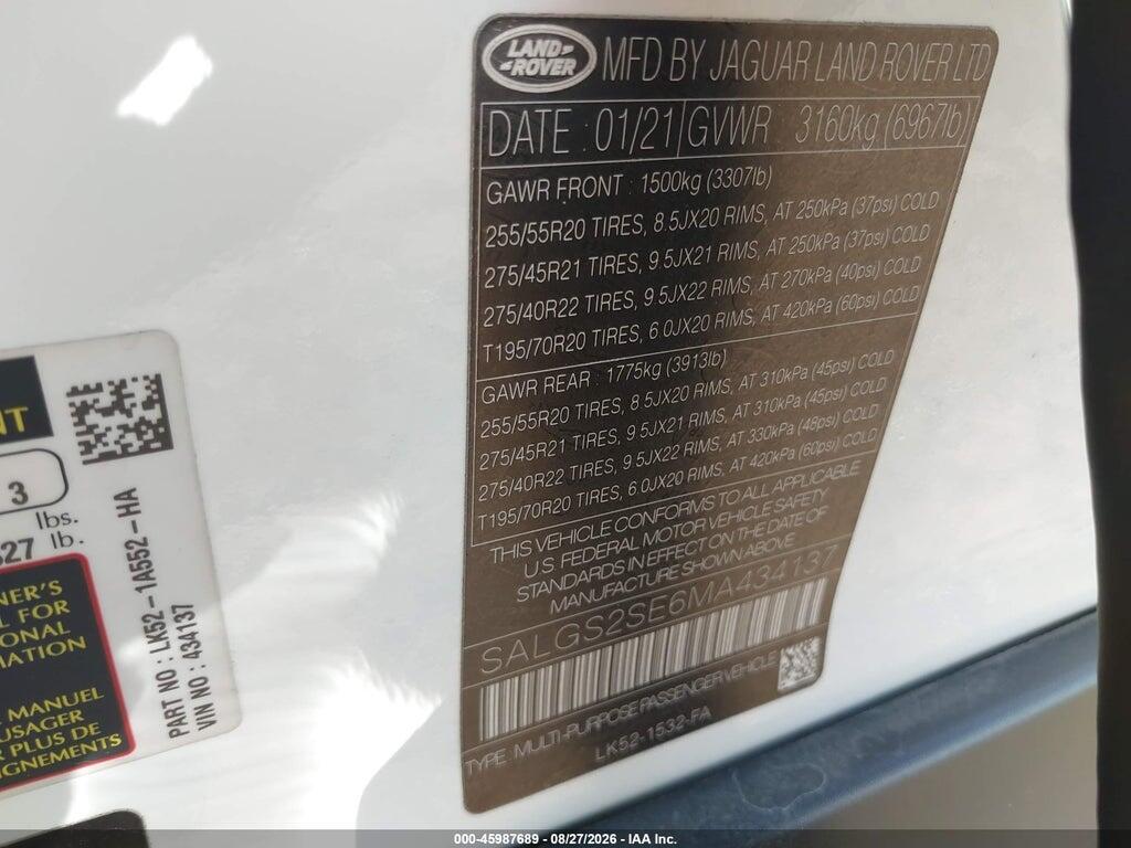 SALGS2SE6MA434137 2021 LAND ROVER RANGE ROVER photo no. 9