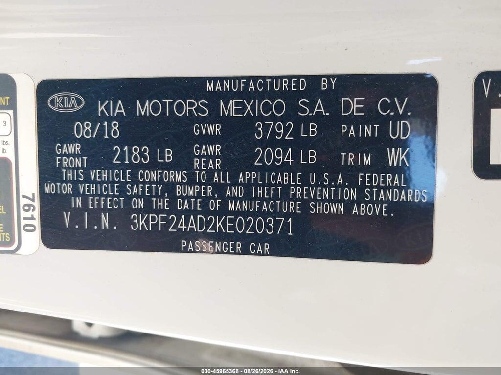 3KPF24AD2KE020371 2019 KIA FORTE photo no. 9